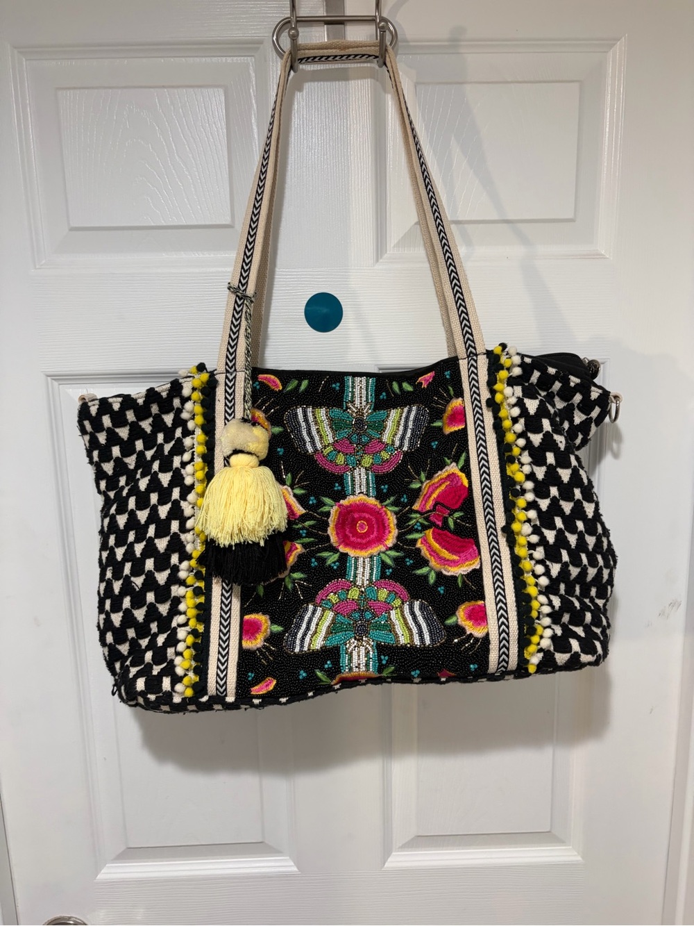 AMERICA & BEYOND Boho Midnight Butterflies Embellished Black Tote